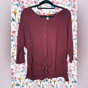 Button-Front Tie-Hem Top in Deep Burgundy